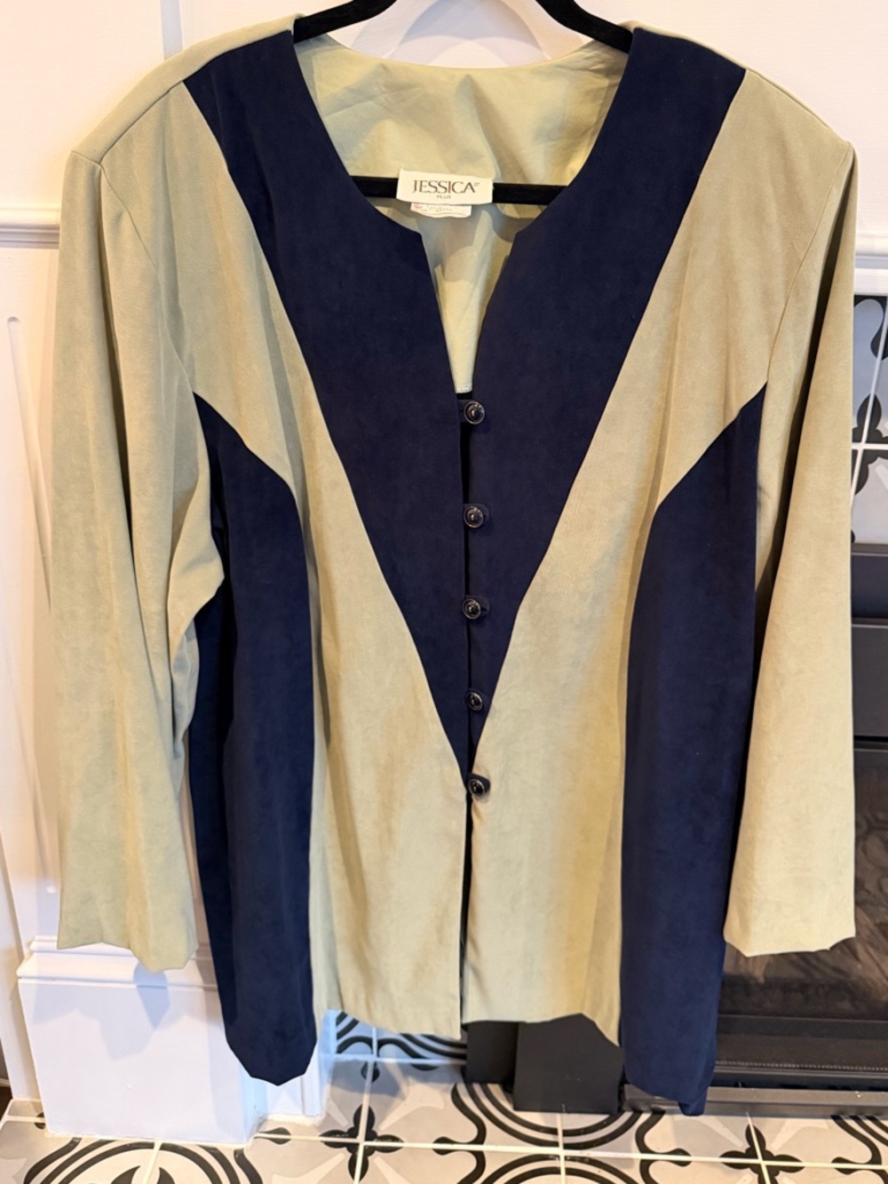 Jessica Navy and Beige Colorblock Suede-Look Blazer